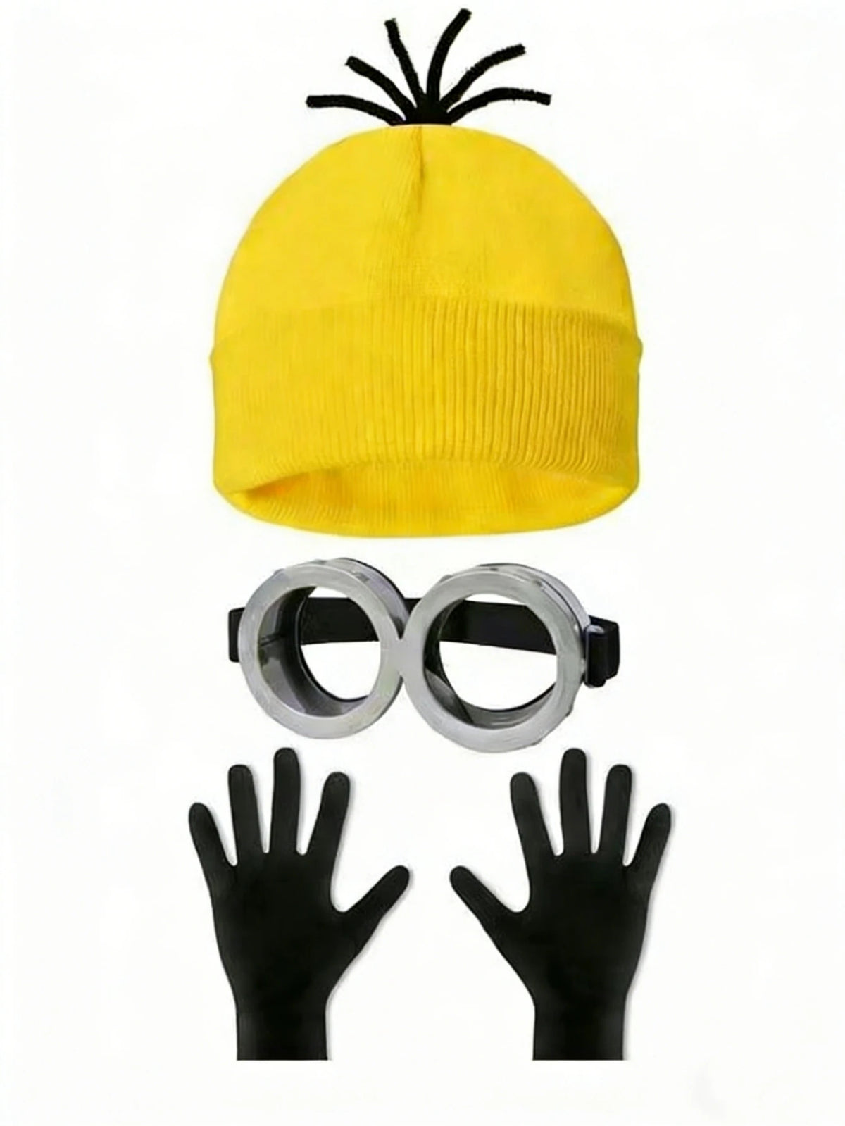 Yellow Halloween costume hat with black fringe, black gloves, and silver round glasses.