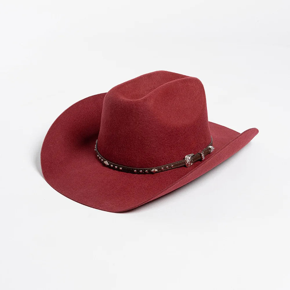 A maroon wool cowboy hat with a studded leather band shown from above.