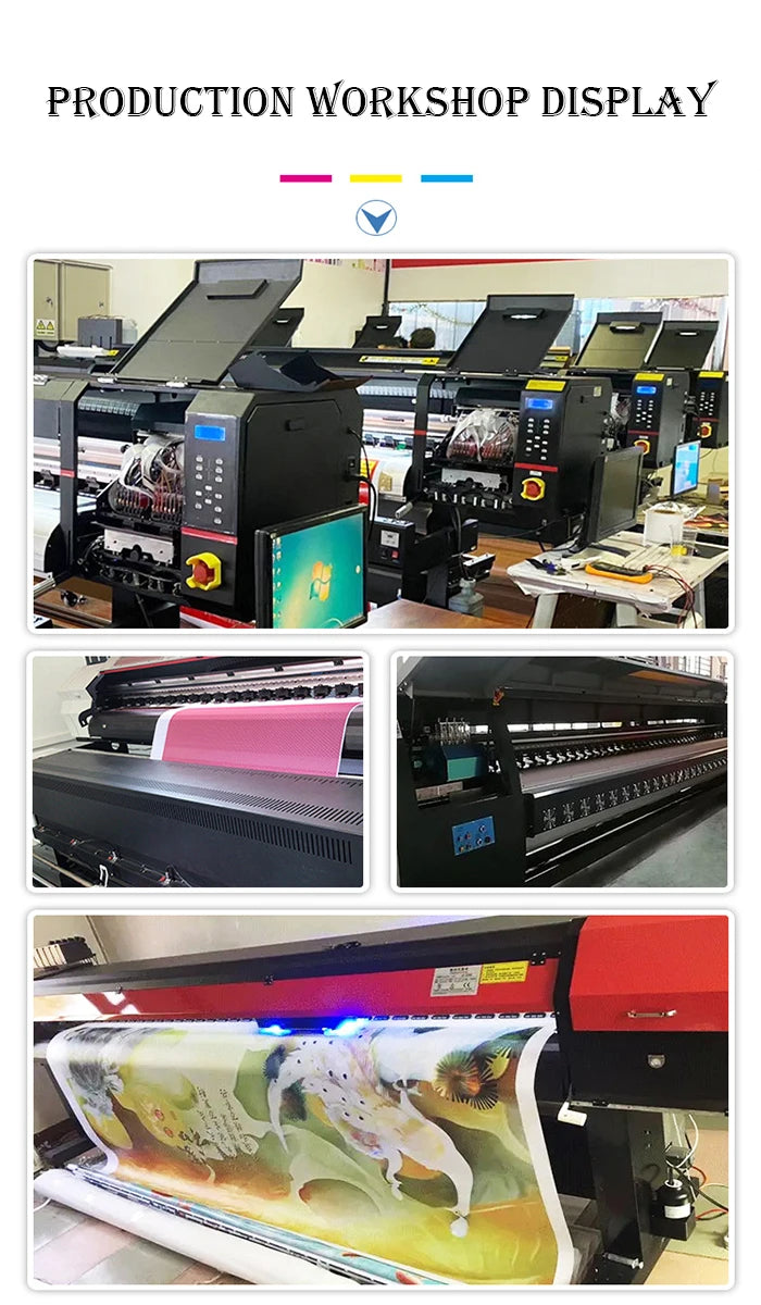 Production workshop display showing various machinery and a finished backdrop print.