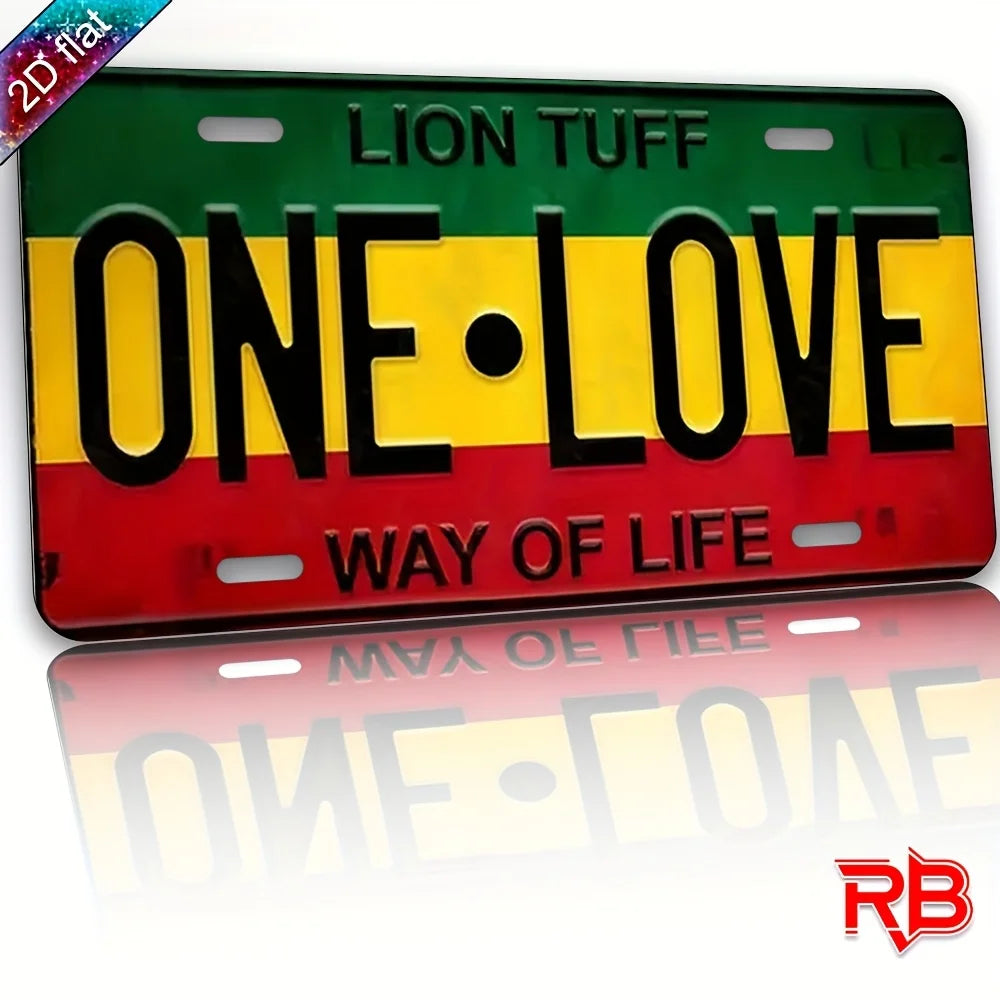 A rectangular metal wall sign featuring the text ONE LOVE in yellow and black on a green background.