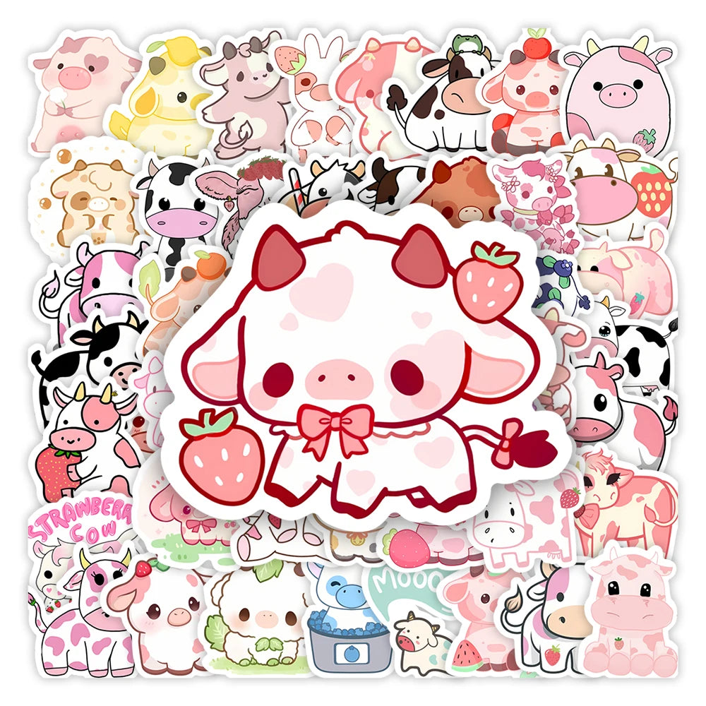 A collection of cute pink cow cartoon decals and stickers for DIY decoration