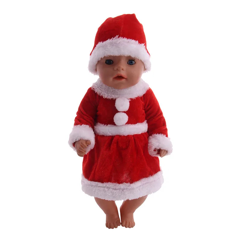 A realistic Christmas doll outfit set featuring a red velvet suit with white trim and a Santa hat.