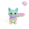 A light blue and purple 3D printed cat figurine with an articulated tail.