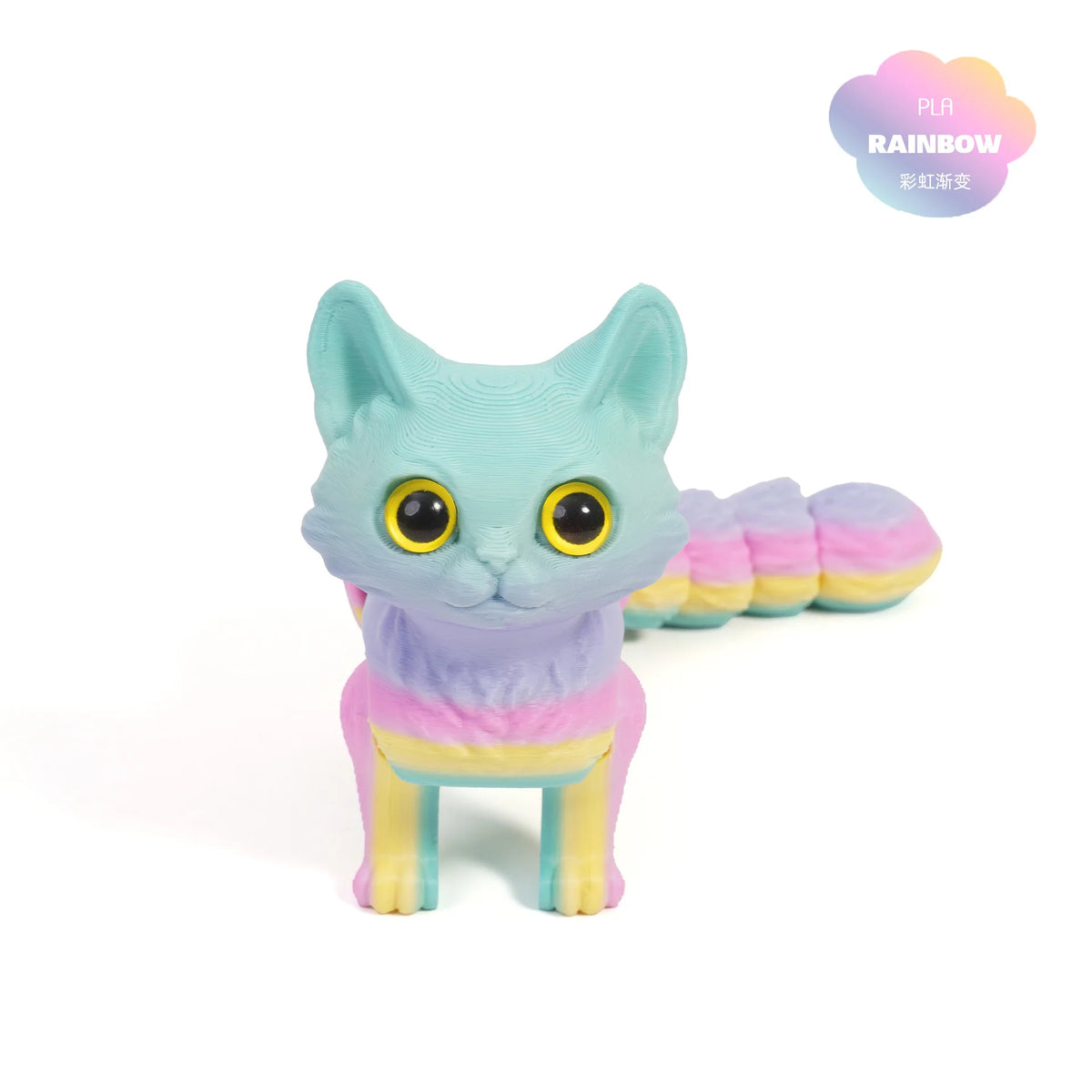 A light blue and purple 3D printed cat figurine with an articulated tail.
