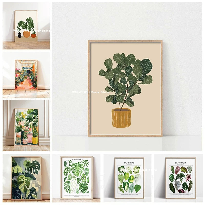 A framed botanical print featuring a lush green philodendron plant against a neutral background.