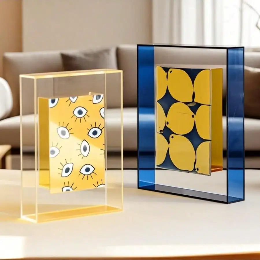 A vibrant yellow acrylic photo frame with an eye design sits inside a larger blue acrylic display box.