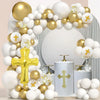 A balloon garland arch kit featuring white and gold balloons arranged in a decorative display.