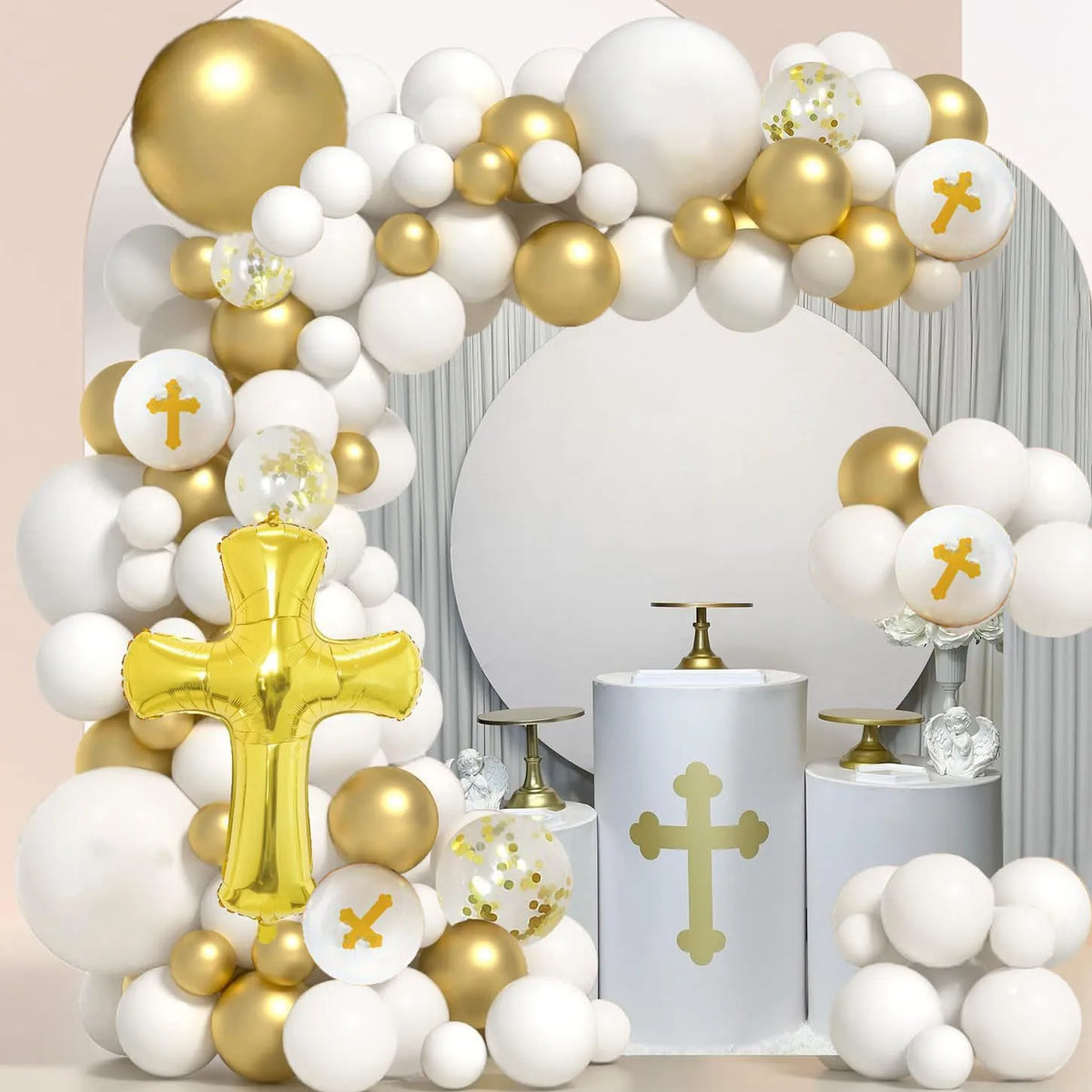 A balloon garland arch kit featuring white and gold balloons arranged in a decorative display.