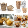 A variety of newspaper style cupcake liners in various sizes and colors are shown on a white background.