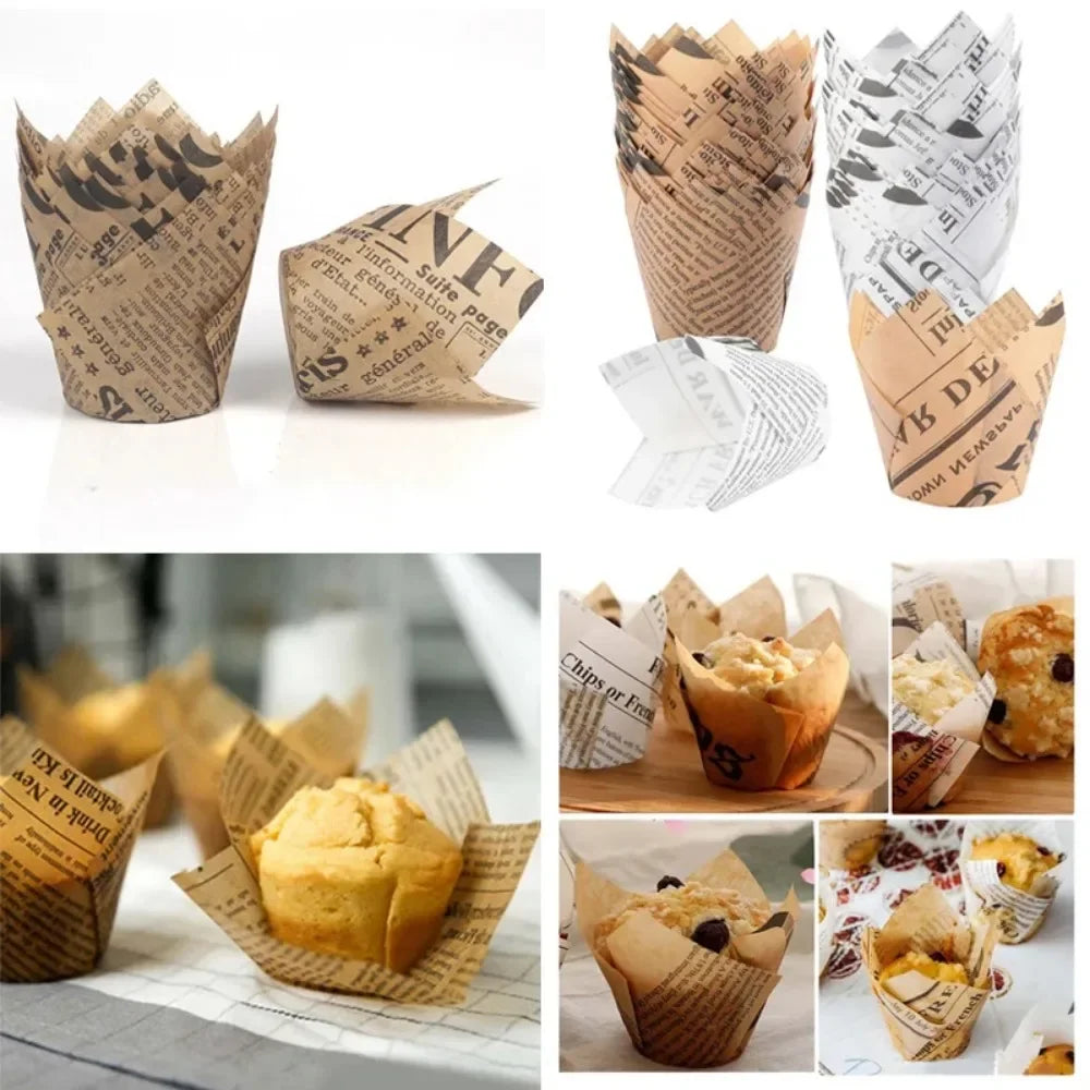 A variety of newspaper style cupcake liners in various sizes and colors are shown on a white background.