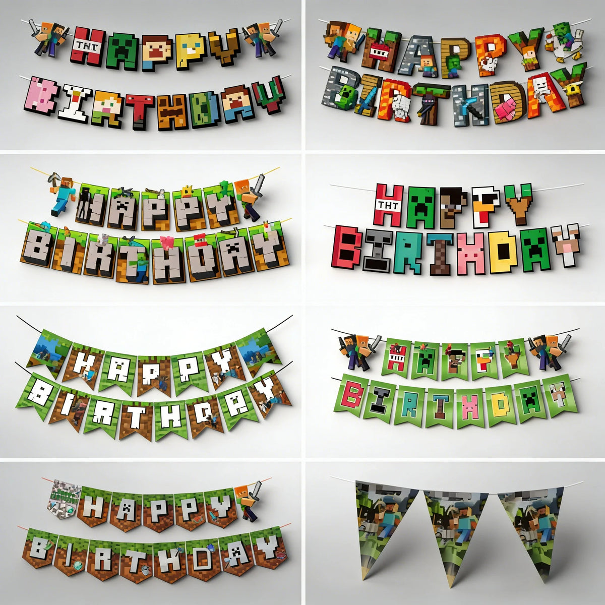 A collection of pixel art banner decorations spelling out HAPPY BIRTHDAY for a Minecraft themed party.