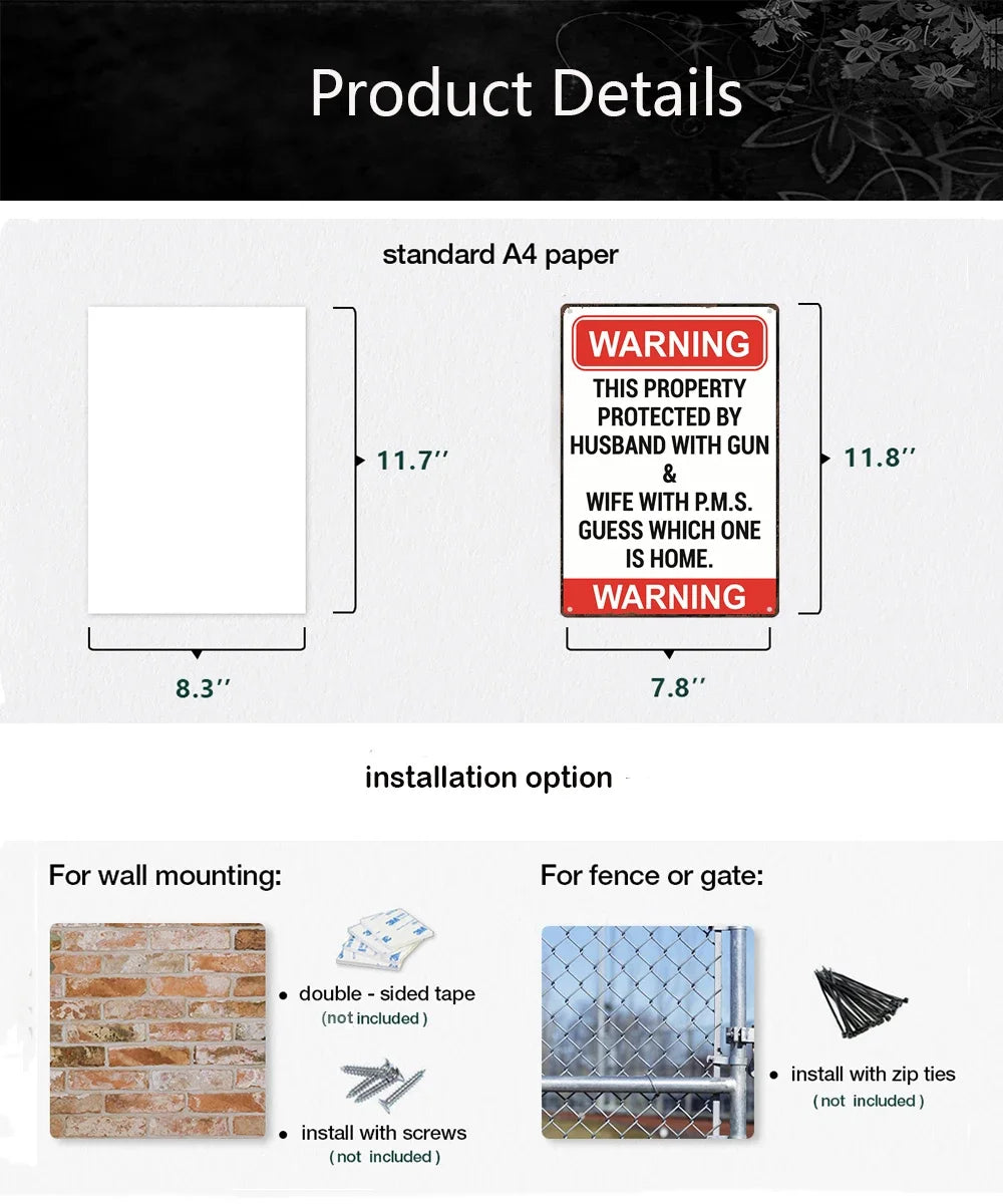 A vintage retro metal warning sign with a 'WARNING' text and a silhouette, shown next to paper sizes and installation options