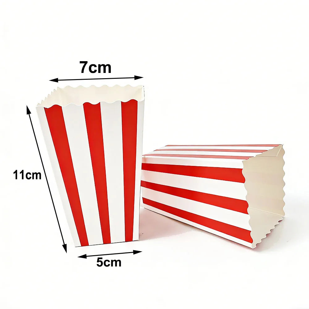 A vertical red and white striped paper snack box with dimensions 7cm high and 5cm wide.
