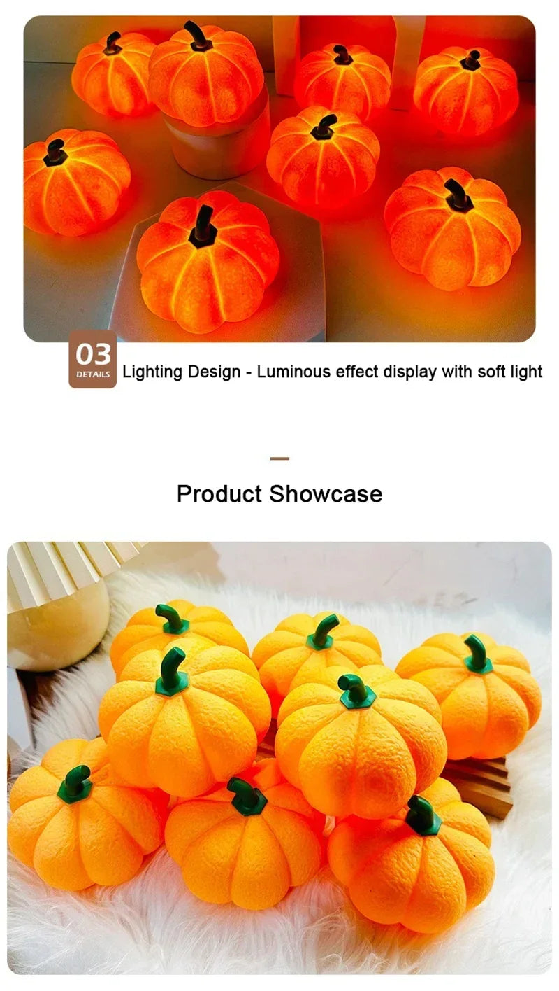 A display of bright orange decorative LED pumpkins used as a luminous night light.