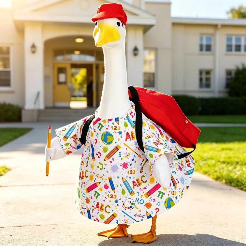 A white goose statue wearing a red hat and a colorful patterned shirt standing outdoors.