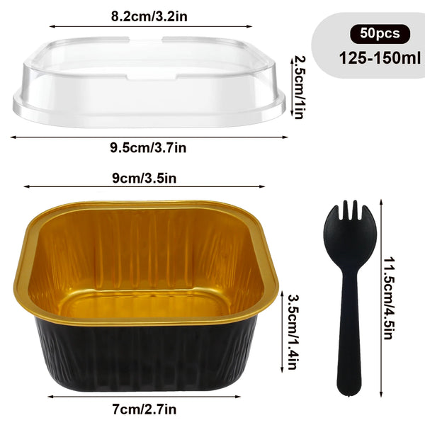 Reusable aluminum foil baking cups with lids and spoons in a set of 50