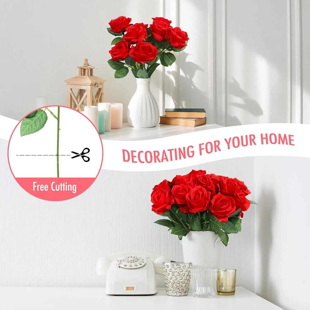 A bouquet of vibrant red artificial silk roses in a white vase displayed on a light-colored surface.