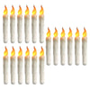 A row of white flamed LED taper candles with yellow flames arranged horizontally.