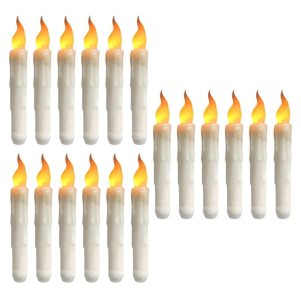 A row of white flamed LED taper candles with yellow flames arranged horizontally.