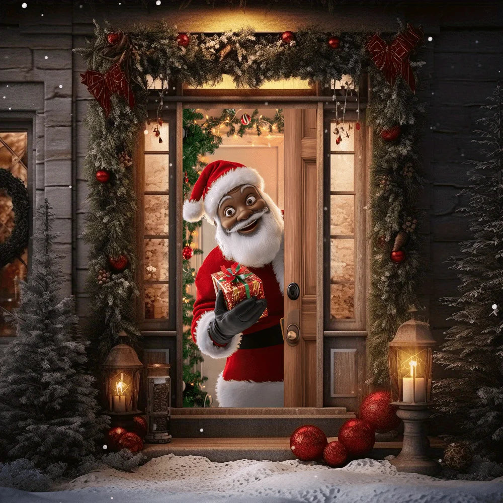 A festive display featuring a Santa figure in a red suit framed by a green garland and Christmas decorations on a wooden door
