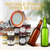 A heavy duty stainless steel bottle opener is shown next to various types of canned goods and a glass bottle.