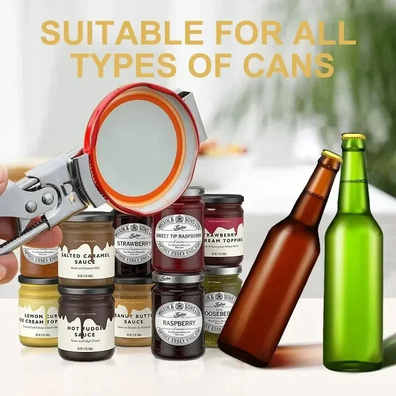 A heavy duty stainless steel bottle opener is shown next to various types of canned goods and a glass bottle.