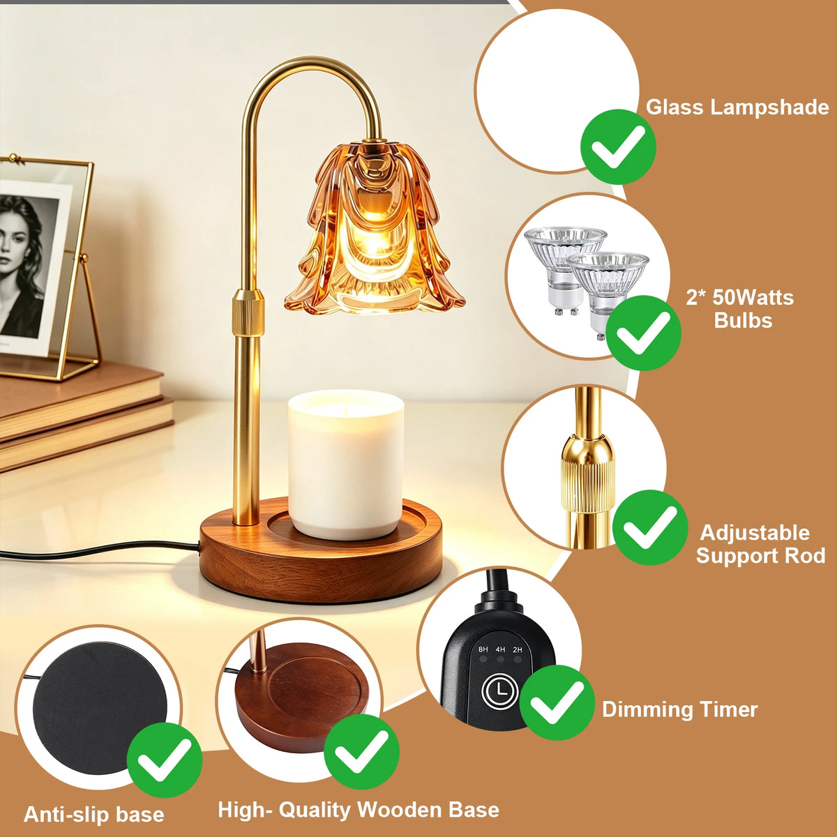 Elegant gold candle warmer lamp featuring an adjustable support rod, dimming timer, and anti-slip wooden base.