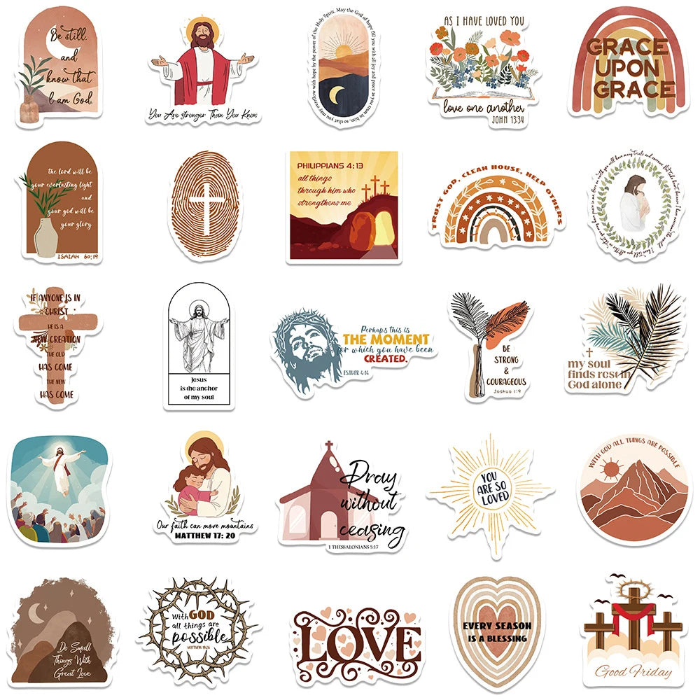 A collection of faith and Christian themed decals featuring biblical verses, symbols, and inspirational phrases.