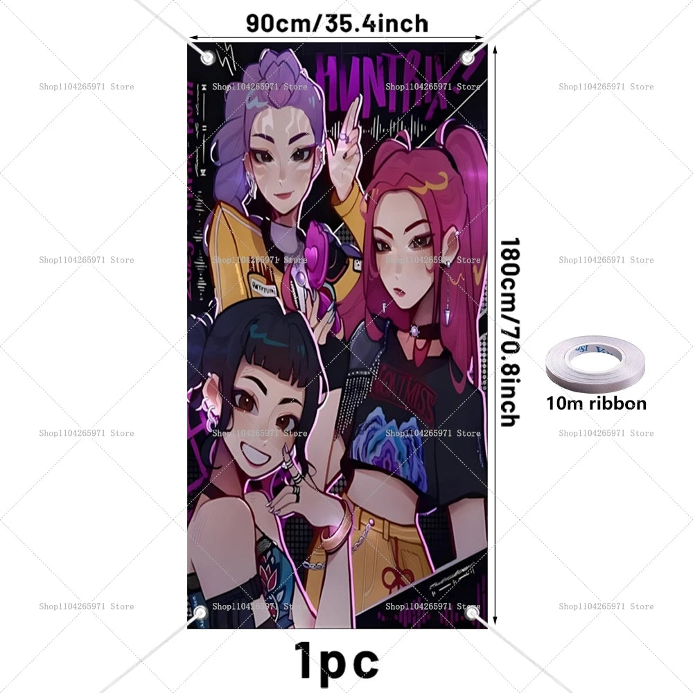 A vertical photo backdrop featuring three anime-style female characters with purple and pink hair in a dark, dramatic setting