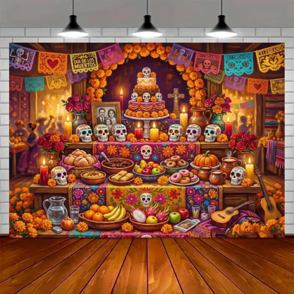 Day of the Dead Skeleton Carnival Backdrop for Halloween Party Decorations