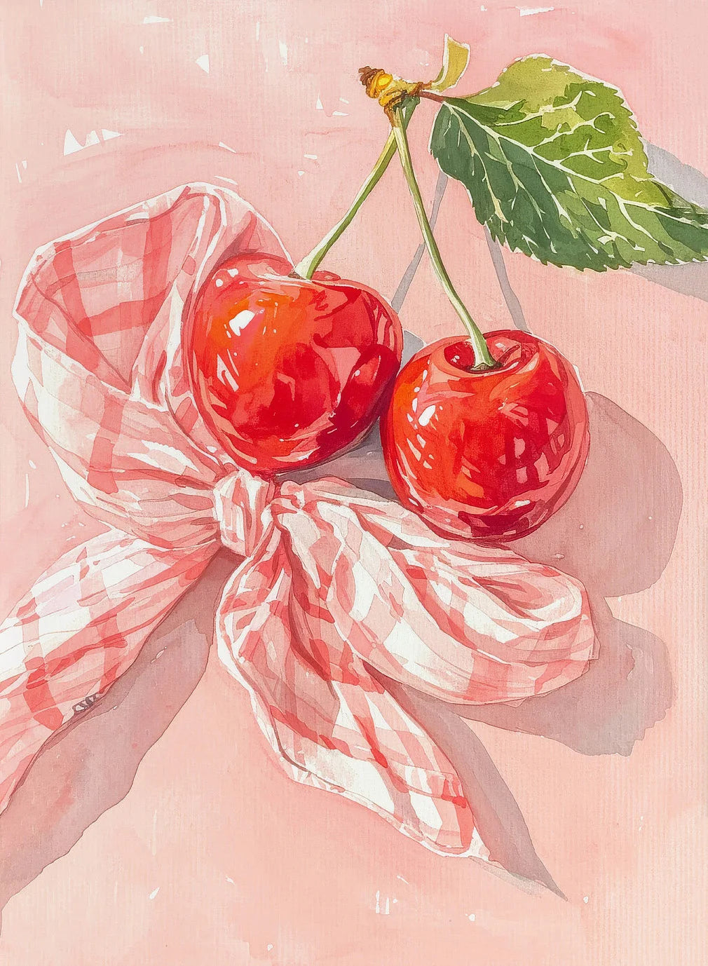 A watercolor painting of two bright red cherries tied with a pink and white checkered ribbon on a light pink background.