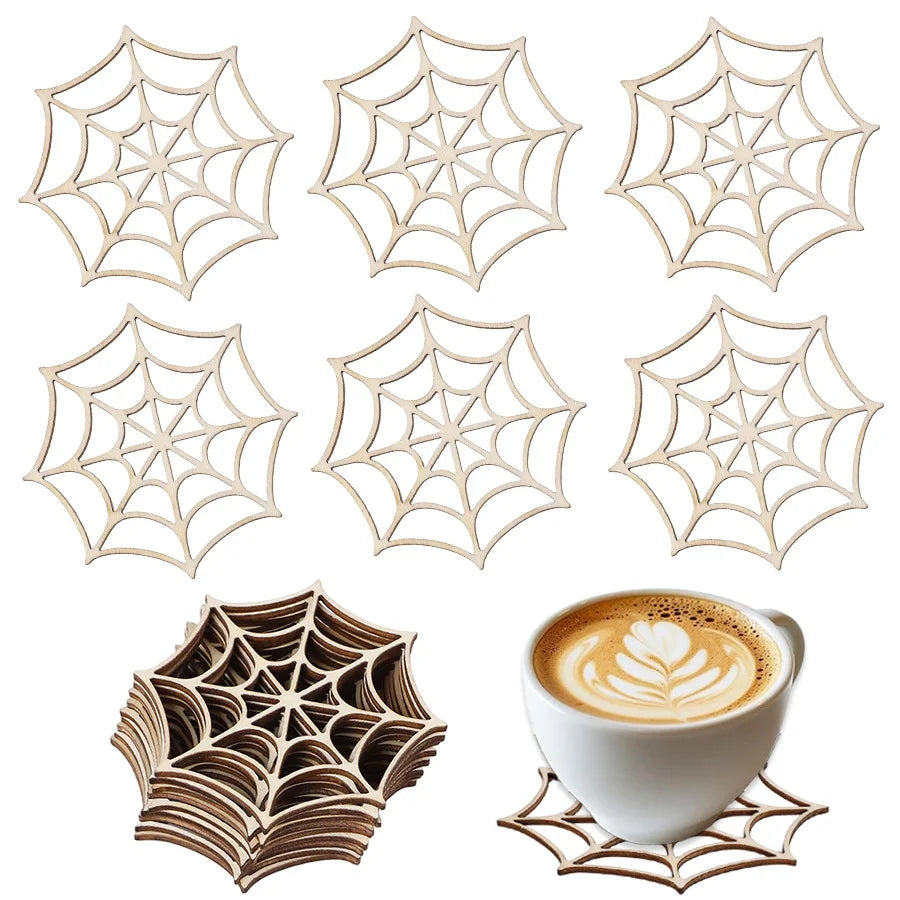 A collection of wooden spider web ornaments in various sizes and styles for seasonal decor.