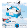 A blue electric balloon pump inflator is shown with its dimensions and usage details.
