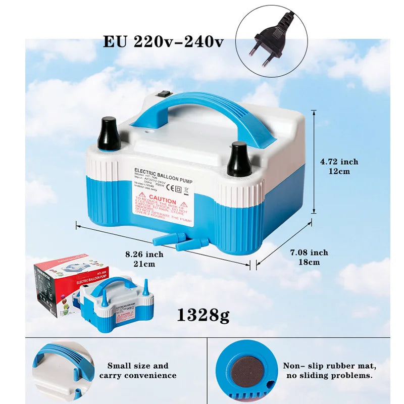 A blue electric balloon pump inflator is shown with its dimensions and usage details.