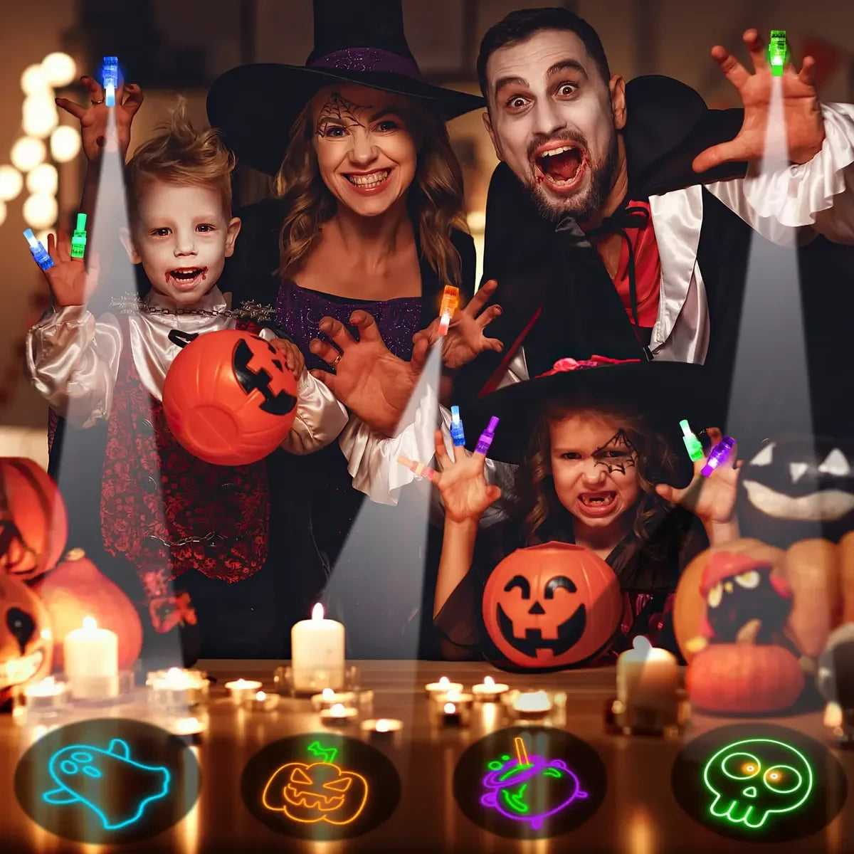 A family of four posing with glowing Halloween LED finger projectors and pumpkin designs