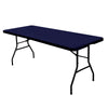 A dark blue stretch spandex tablecloth table with black metal legs.