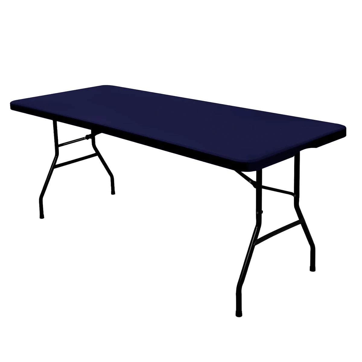 A dark blue stretch spandex tablecloth table with black metal legs.