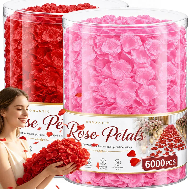 A close-up of red and pink rose petals in glass jars for event decoration