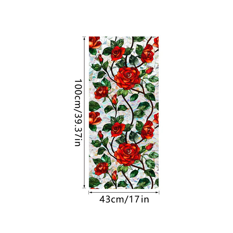 Botanical print static cling window film featuring red roses and green leaves