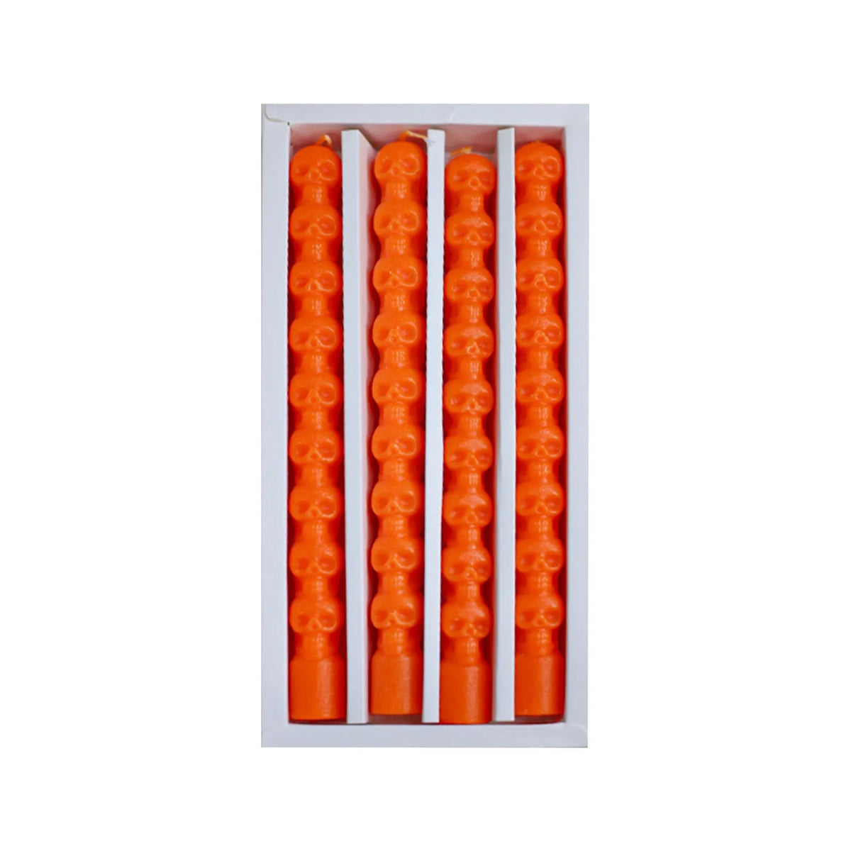 Set of four orange taper candles designed to simulate dripping blood effect.