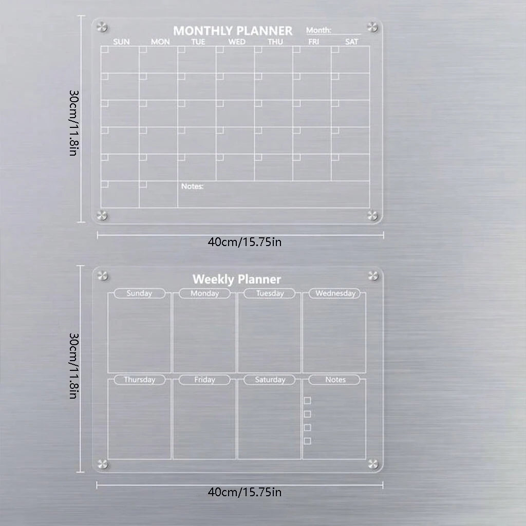 A set of magnetic acrylic dry erase fridge planners showing monthly and weekly layouts.