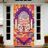 A door cover featuring a vibrant sugar skull design with flowers and papel picado elements.