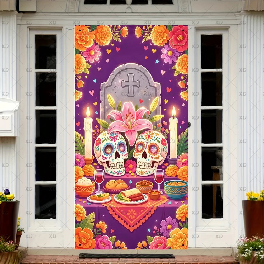 A door cover featuring a vibrant sugar skull design with flowers and papel picado elements.