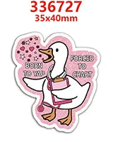 A white duck charm with pink accents and text that reads Forged to Chart