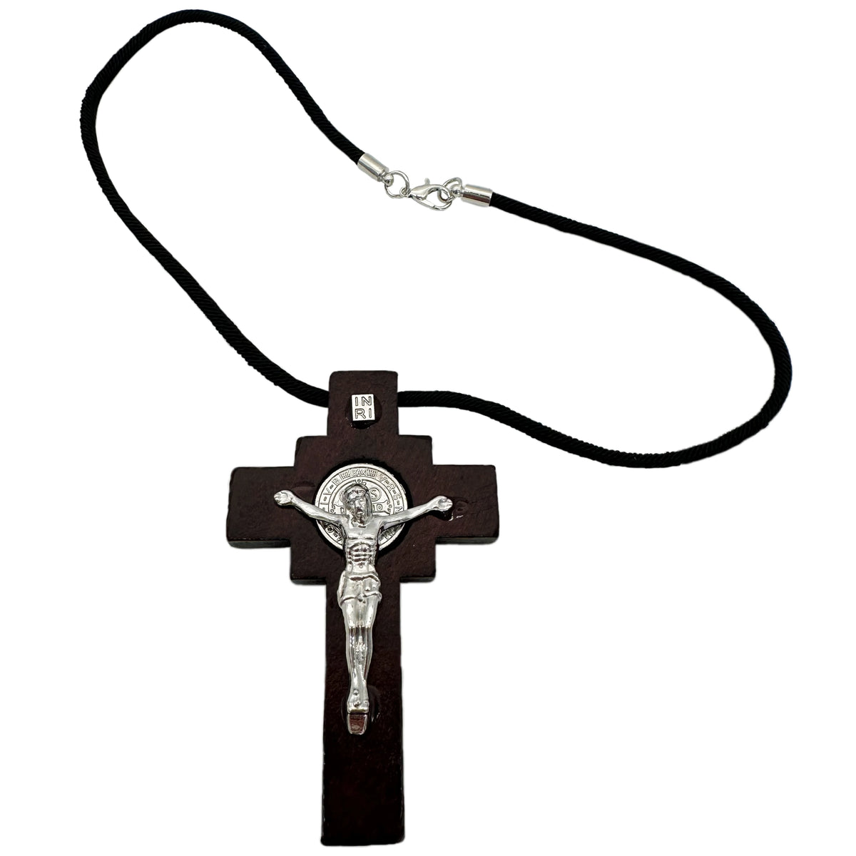 Wooden St. Benedict crucifix with a rearview mirror hanger on a black cord