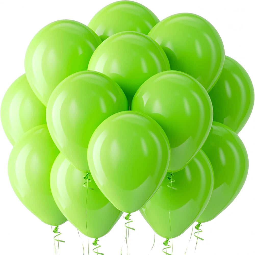 A cluster of bright lime green latex balloons floating against a white background.