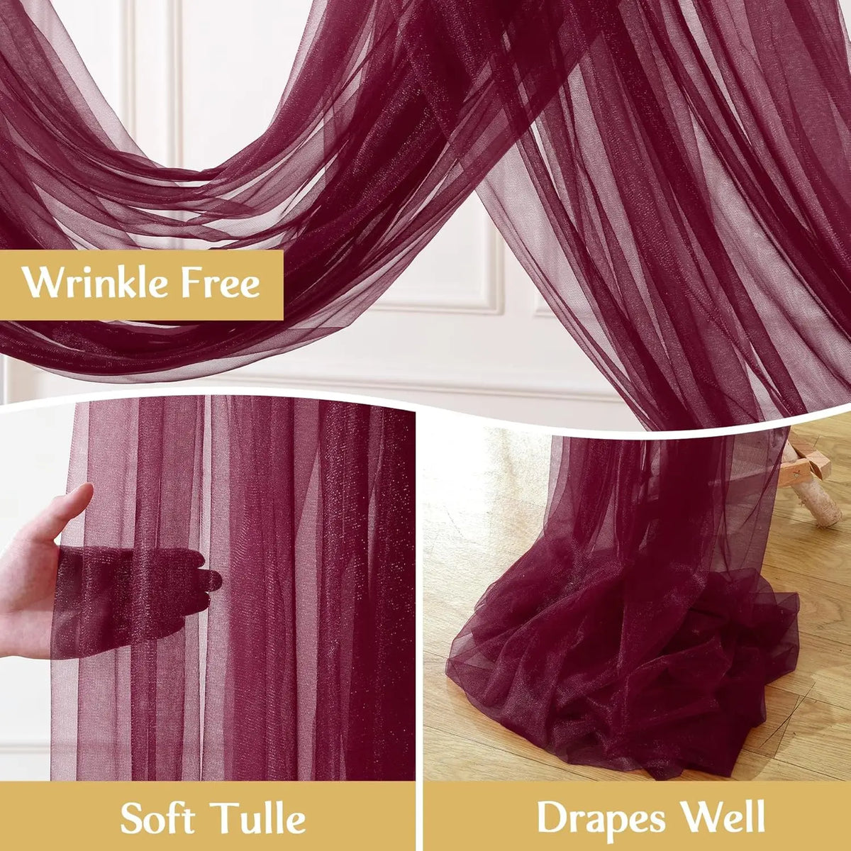 Close-up view of a deep burgundy tulle fabric showing wrinkle-free drape and soft texture.
