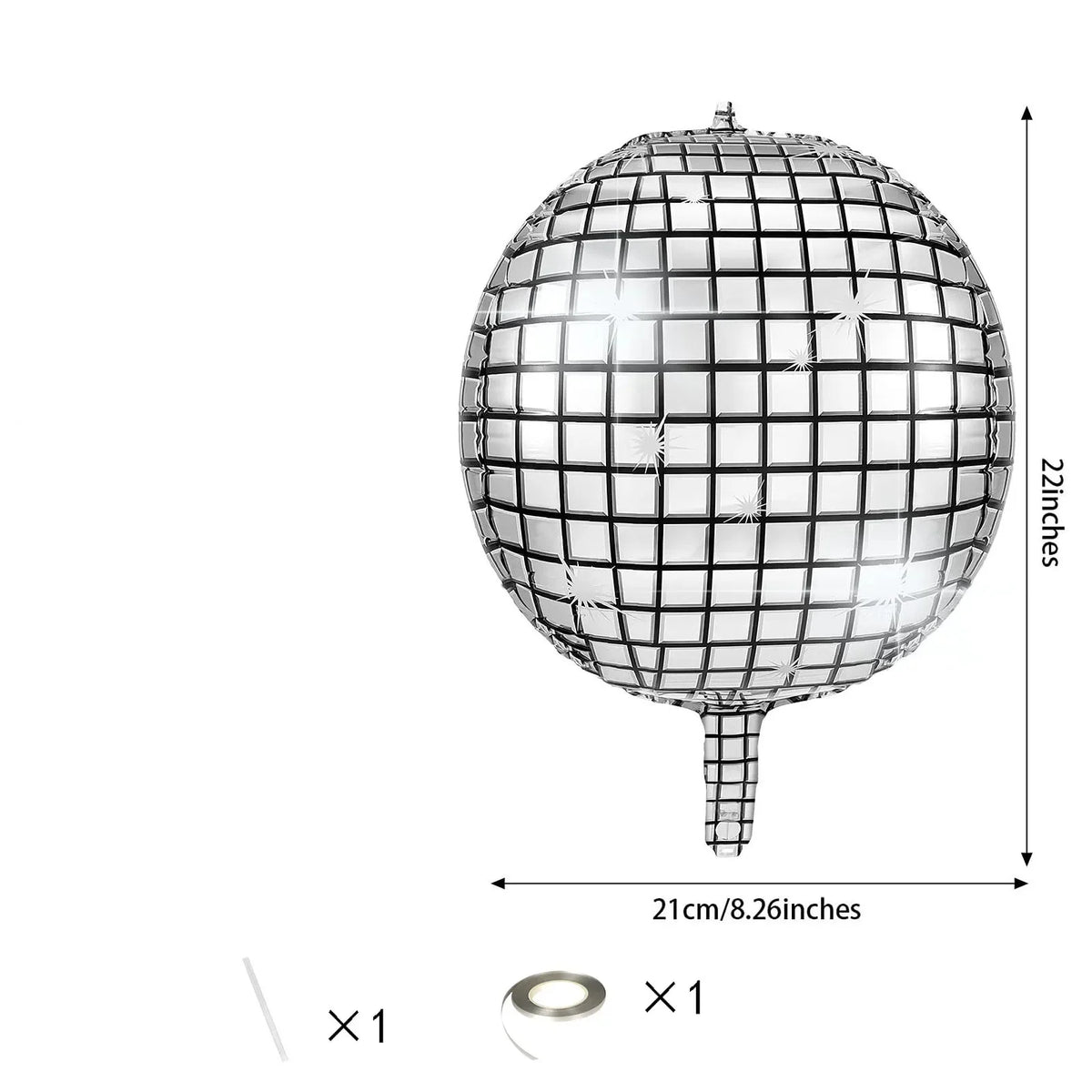 Silver disco ball foil balloon with a mesh surface and a hanging stem