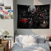 A large black and white anime tapestry featuring a menacing ghoul character with red eyes, displayed on a wall.