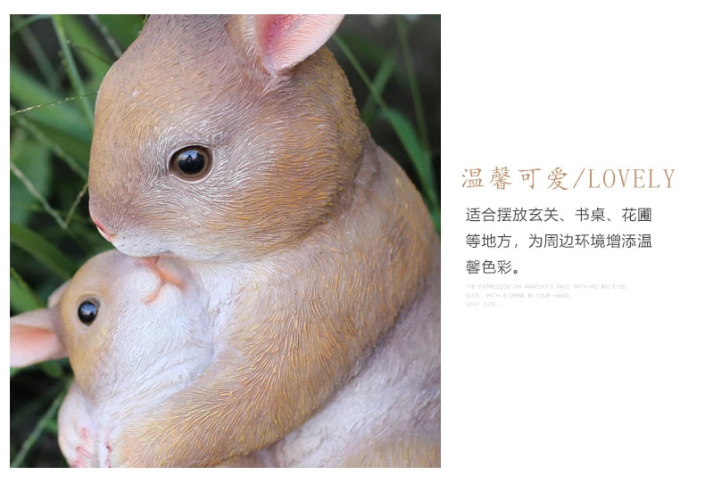 A close-up of a light brown resin rabbit garden statue with large eyes, resting on green foliage.